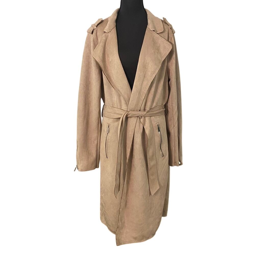 NWT Tahari Faux Suede Trench Coat Taupe Belted XL Long Duster Jacket Capsule